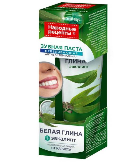 Народные рецепты Зубная паста Отбеливающая антибактериальная Белая глина и эвкалипт 75мл