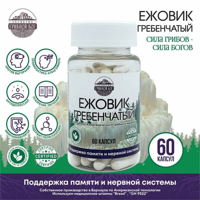 Ежовик гребенчатый мицелий Грибной бог 60 капсул