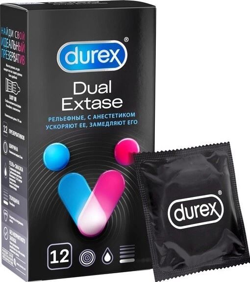 Презервативы Durex Dual Extase рельефные с анестетиком 12 шт