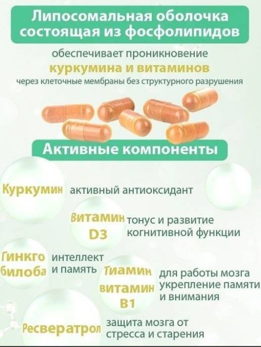 Витамины для памяти и мозга Липосомальный куркумин Ресвератрол БАД Nutricare Liposomal 60 капсул