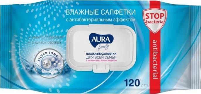 Салфетки влажные АУРА для всей семьи с антибактериальным с клапаном 120шт
